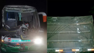 Ônibus que levava pacientes para consulta bate na traseira de caminhão e 5 ficam feridos em Aquidauana