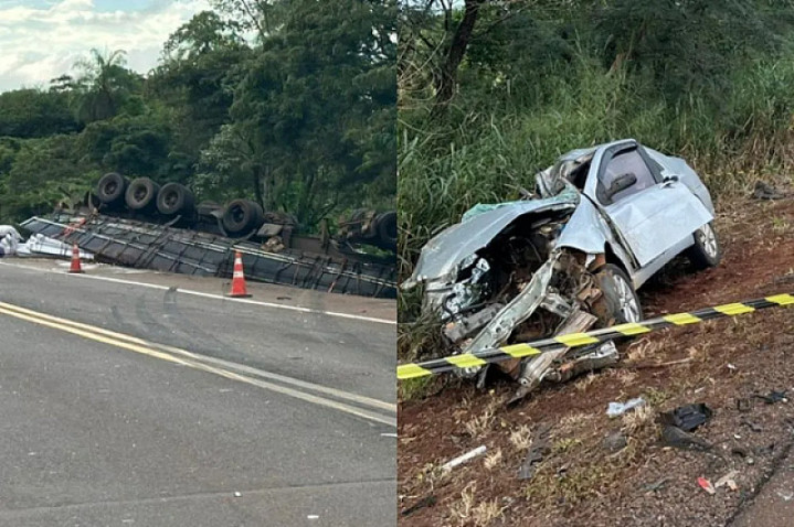 Homem morre após grave colisão entre carreta e Fiat Siena na BR-163